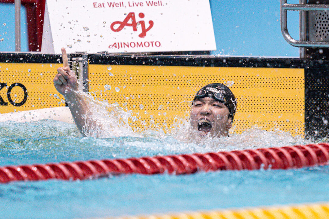 2025年4月12日、男子400mユースファイナルで泳ぎ終えた川渕大耀（NECグリーン溝の口）　写真・秋冨哲生