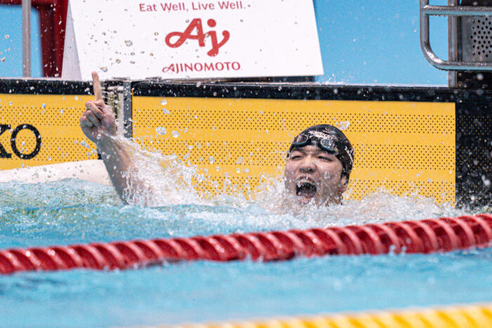 2025年4月12日、男子400mユースファイナルで泳ぎ終えた川渕大耀（NECグリーン溝の口）　写真・秋冨哲生